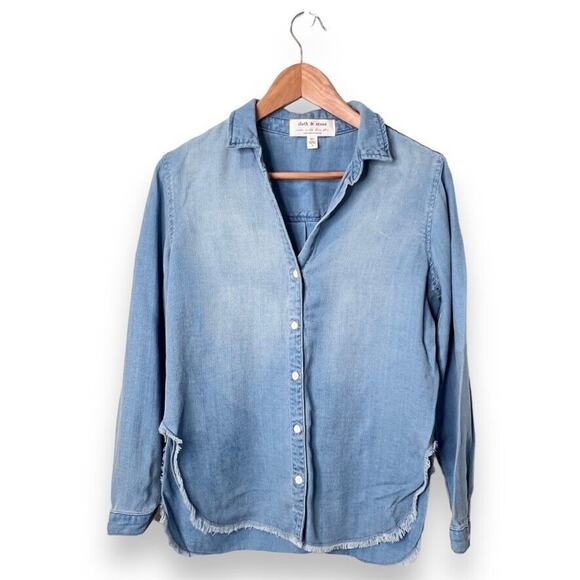 Anthropologie Cloth & Stone Fray Hem Blue Chambray Button Down Shirt Women's S - Picture 2 of 10